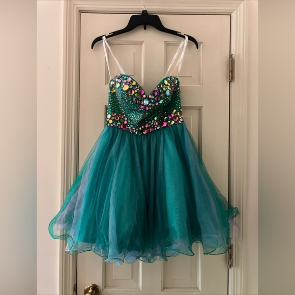 Tony Bowls Homecoming TS11385 Turquoise Size 0 Dress W/ Earrings Strapless - Picture 3 of 11